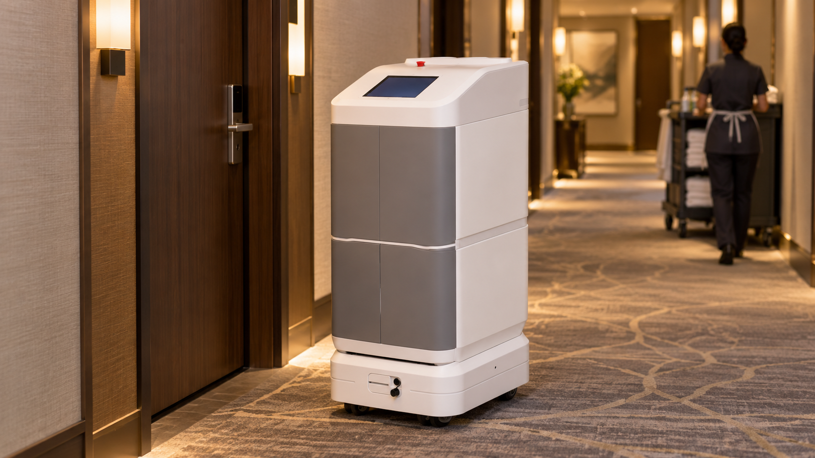 RIFE hotel delivery robot on a guest-floor corridor