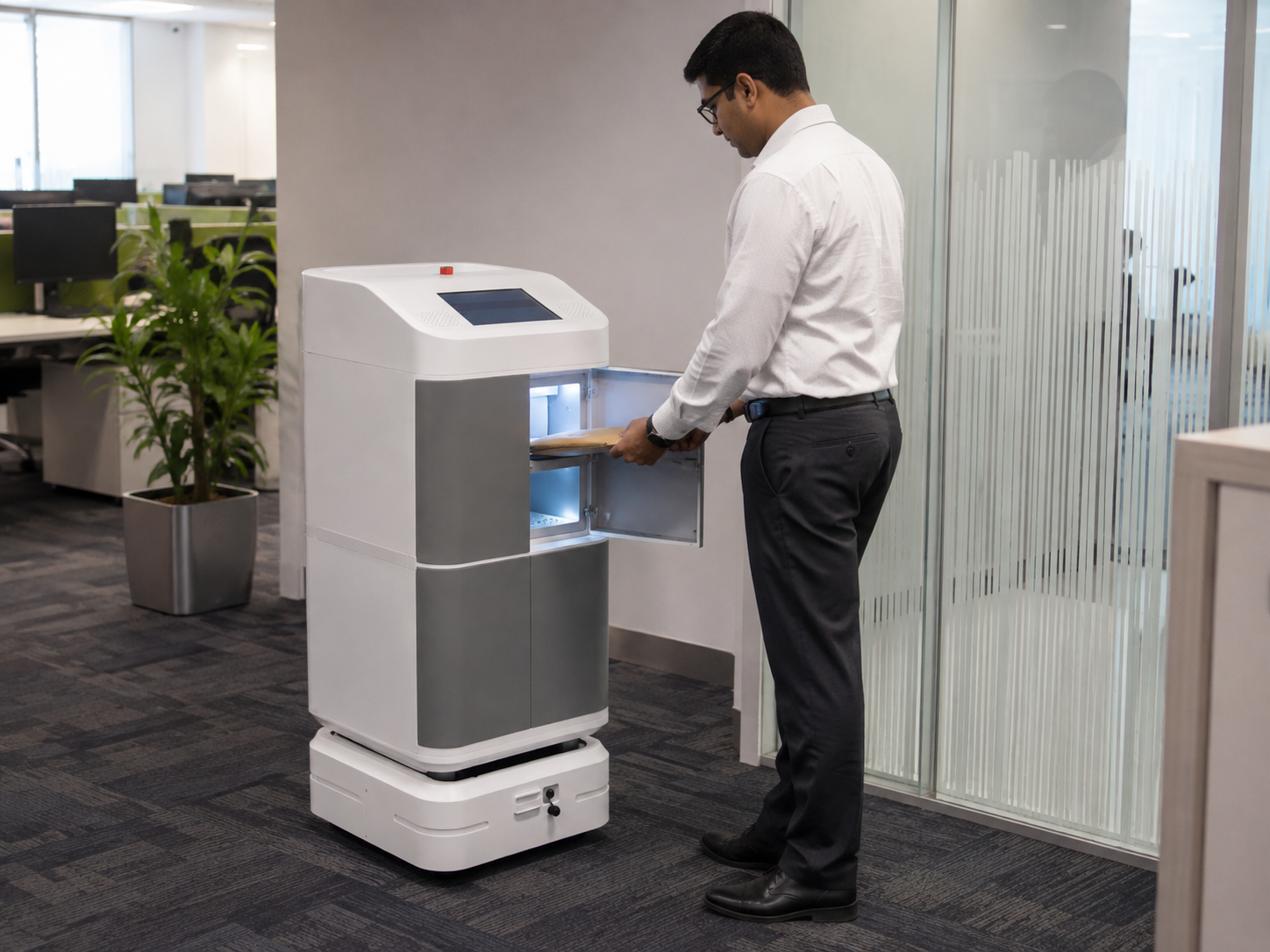 Office staff using parcel robot